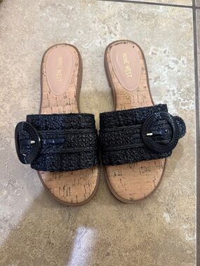 Nine West Black Braided Cork-Trim Slide Sandals with Buckle Detail size 7